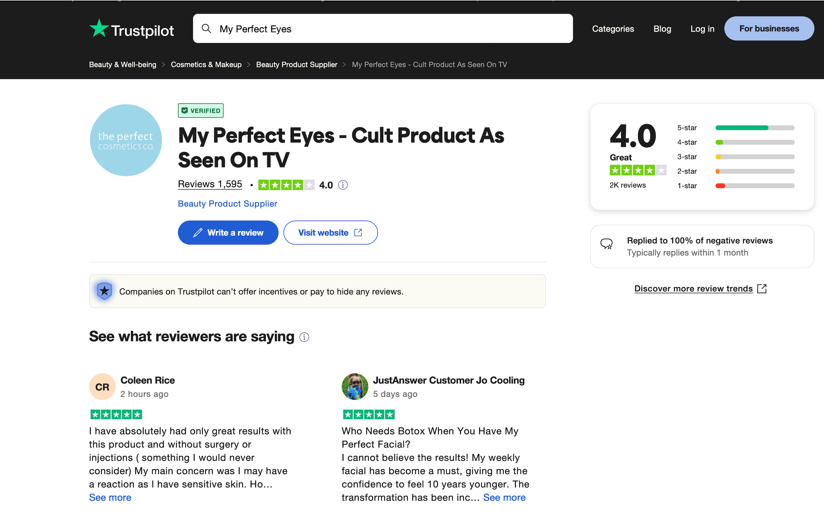 My Perfect Eyes Receives Rave 5 Star Reviews and Then Rare 1 Stars, Nothing In-between, Why?